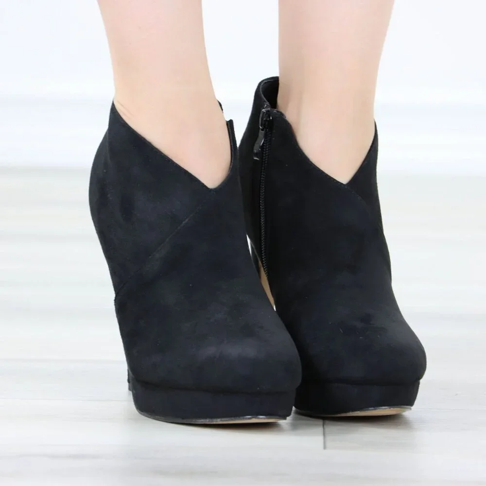 Black High Heel Platform Ankle Boots Stilettos Faux Suede - Picture 3 of 15